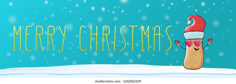 vector funky cartoon smiling santa claus potato with red santa hat, falling snow and calligraphic christmas text on horizontal azure background with blur and lights. Horizontal christmas banner 