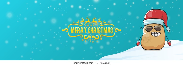 vector funky cartoon smiling santa claus potato with red santa hat, falling snow and calligraphic christmas text on horizontal azure background with blur and lights. Horizontal christmas banner 