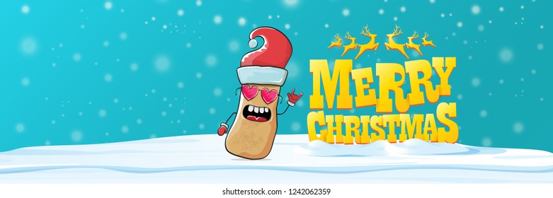 vector funky cartoon smiling santa claus potato with red santa hat, falling snow and calligraphic christmas text on horizontal azure background with blur and lights. Horizontal christmas banner 