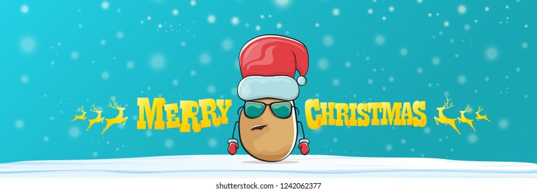 vector funky cartoon smiling santa claus potato with red santa hat, falling snow and calligraphic christmas text on horizontal azure background with blur and lights. Horizontal christmas banner 