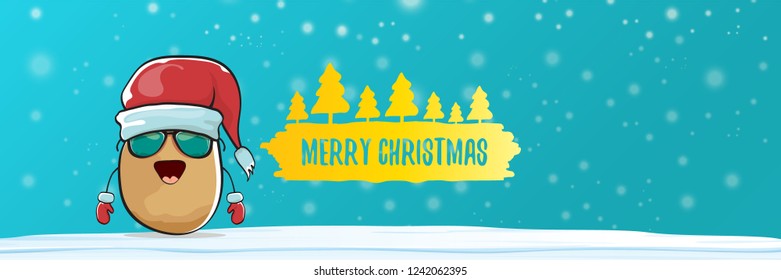 vector funky cartoon smiling santa claus potato with red santa hat, falling snow and calligraphic christmas text on horizontal azure background with blur and lights. Horizontal christmas banner 