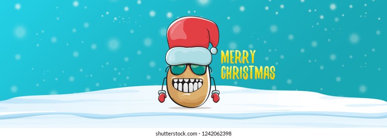 vector funky cartoon smiling santa claus potato with red santa hat, falling snow and calligraphic christmas text on horizontal azure background with blur and lights. Horizontal christmas banner 