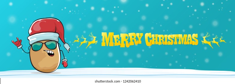 vector funky cartoon smiling santa claus potato with red santa hat, falling snow and calligraphic christmas text on horizontal azure background with blur and lights. Horizontal christmas banner 
