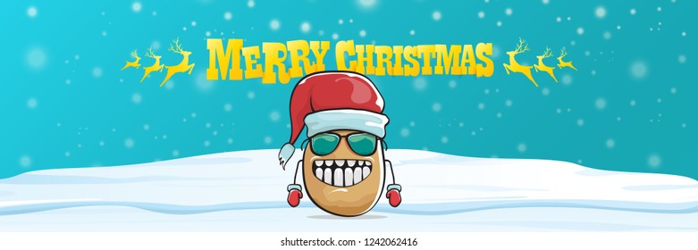 vector funky cartoon smiling santa claus potato with red santa hat, falling snow and calligraphic christmas text on horizontal azure background with blur and lights. Horizontal christmas banner 