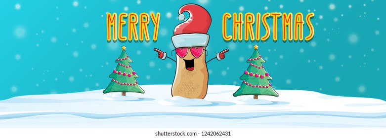 vector funky cartoon smiling santa claus potato with red santa hat, falling snow and calligraphic christmas text on horizontal azure background with blur and lights. Horizontal christmas banner 