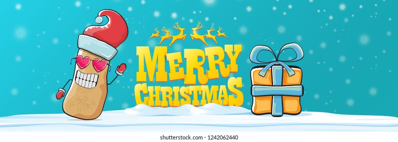 vector funky cartoon smiling santa claus potato with red santa hat, falling snow and calligraphic christmas text on horizontal azure background with blur and lights. Horizontal christmas banner 