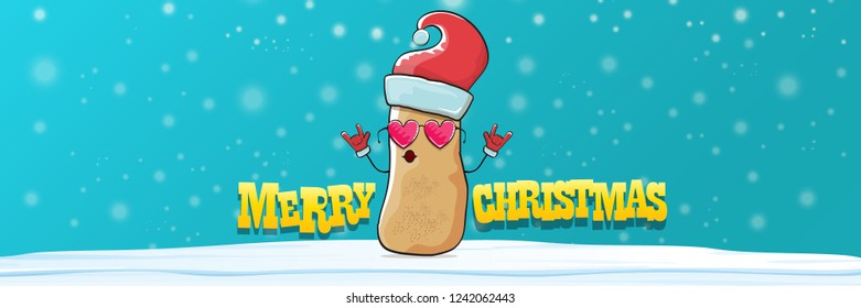 vector funky cartoon smiling santa claus potato with red santa hat, falling snow and calligraphic christmas text on horizontal azure background with blur and lights. Horizontal christmas banner 