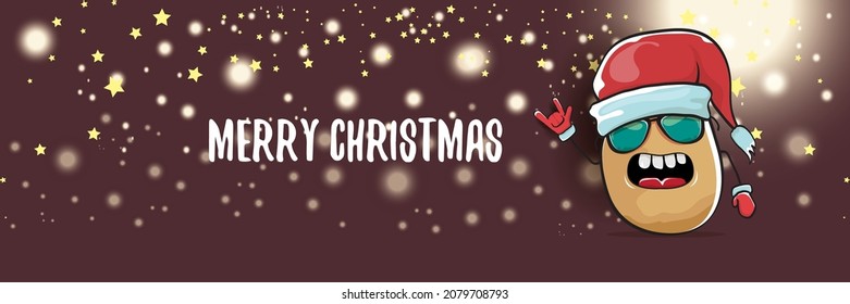 vector funky cartoon smiling santa claus potato with red santa hat and calligraphic christmas text on horizontal night background with blur and lights. vegetable funky christmas food character