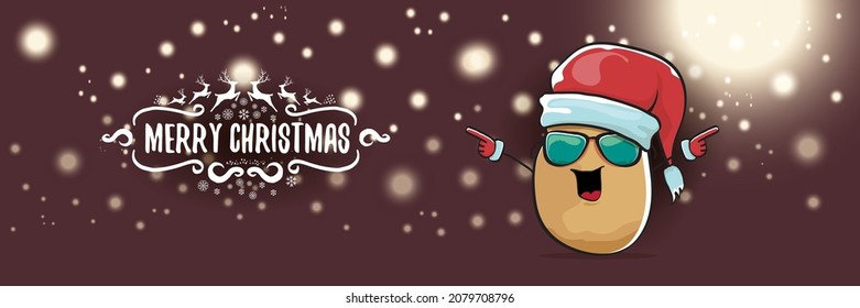 vector funky cartoon smiling santa claus potato with red santa hat and calligraphic christmas text on horizontal night background with blur and lights. vegetable funky christmas food character