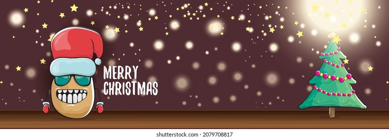 vector funky cartoon smiling santa claus potato with red santa hat and calligraphic christmas text on horizontal night background with blur and lights. vegetable funky christmas food character