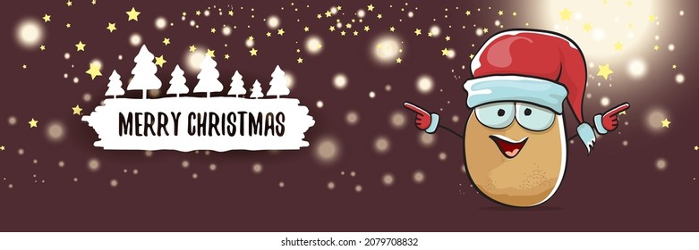 vector funky cartoon smiling santa claus potato with red santa hat and calligraphic christmas text on horizontal night background with blur and lights. vegetable funky christmas food character