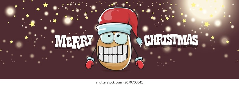 vector funky cartoon smiling santa claus potato with red santa hat and calligraphic christmas text on horizontal night background with blur and lights. vegetable funky christmas food character