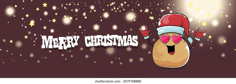 vector funky cartoon smiling santa claus potato with red santa hat and calligraphic christmas text on horizontal night background with blur and lights. vegetable funky christmas food character