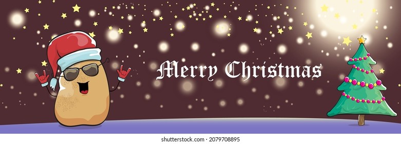 vector funky cartoon smiling santa claus potato with red santa hat and calligraphic christmas text on horizontal night background with blur and lights. vegetable funky christmas food character