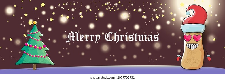 vector funky cartoon smiling santa claus potato with red santa hat and calligraphic christmas text on horizontal night background with blur and lights. vegetable funky christmas food character