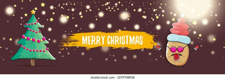 Vektorfunky Cartoon lächelnd santa claus potato mit rotem santa hat hat hut und kalligrafischen Weihnachtstext auf horizontalem nächtlichen hintergrund mit unscharf und lichtdurchlässig. Gemüsefreude