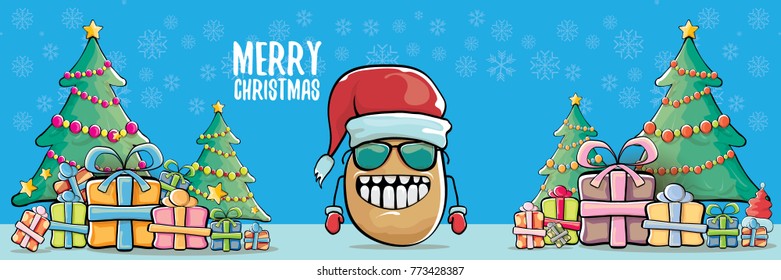 vector funky cartoon smiling santa claus potato with red santa hat and calligraphic christmas text on horizontal blue background with cristmas tree and gift boxes. vegetable funky christmas character