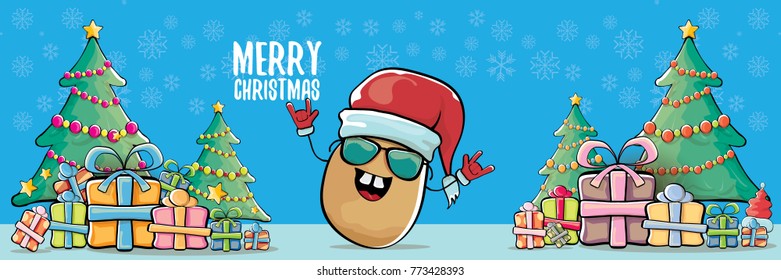 vector funky cartoon smiling santa claus potato with red santa hat and calligraphic christmas text on horizontal blue background with cristmas tree and gift boxes. vegetable funky christmas character