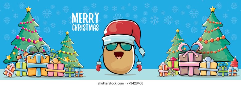 vector funky cartoon smiling santa claus potato with red santa hat and calligraphic christmas text on horizontal blue background with cristmas tree and gift boxes. vegetable funky christmas character