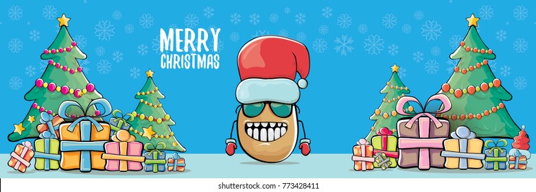 vector funky cartoon smiling santa claus potato with red santa hat and calligraphic christmas text on horizontal blue background with cristmas tree and gift boxes. vegetable funky christmas character