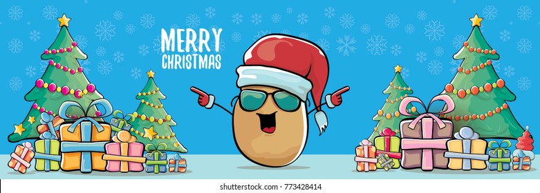 vector funky cartoon smiling santa claus potato with red santa hat and calligraphic christmas text on horizontal blue background with cristmas tree and gift boxes. vegetable funky christmas character