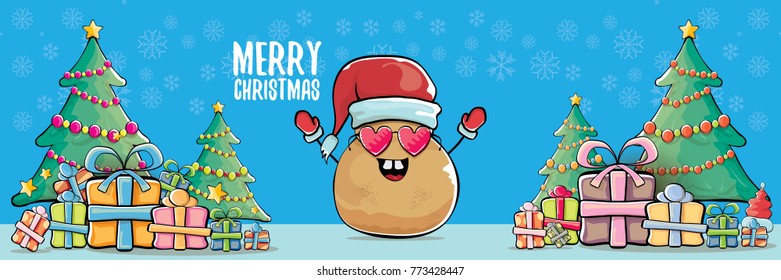 vector funky cartoon smiling santa claus potato with red santa hat and calligraphic christmas text on horizontal blue background with cristmas tree and gift boxes. vegetable funky christmas character