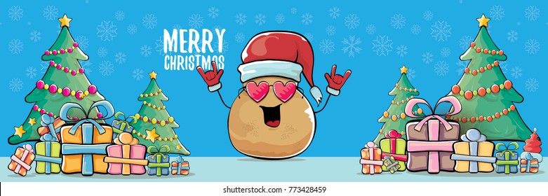 vector funky cartoon smiling santa claus potato with red santa hat and calligraphic christmas text on horizontal blue background with cristmas tree and gift boxes. vegetable funky christmas character