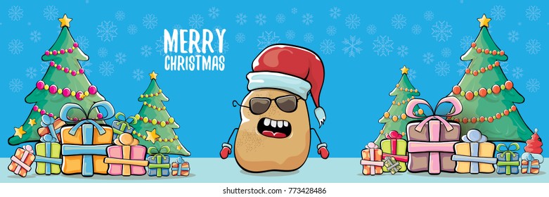 vector funky cartoon smiling santa claus potato with red santa hat and calligraphic christmas text on horizontal blue background with cristmas tree and gift boxes. vegetable funky christmas character