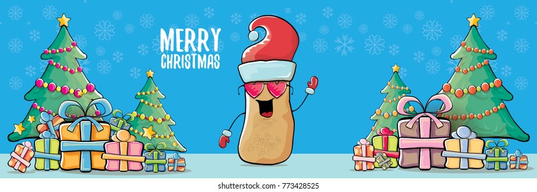 vector funky cartoon smiling santa claus potato with red santa hat and calligraphic christmas text on horizontal blue background with cristmas tree and gift boxes. vegetable funky christmas character