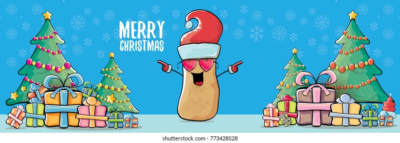 vector funky cartoon smiling santa claus potato with red santa hat and calligraphic christmas text on horizontal blue background with cristmas tree and gift boxes. vegetable funky christmas character