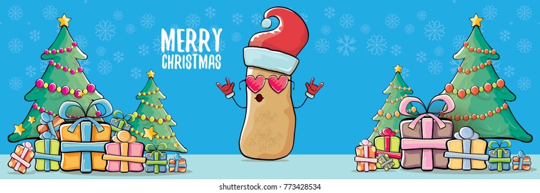 vector funky cartoon smiling santa claus potato with red santa hat and calligraphic christmas text on horizontal blue background with cristmas tree and gift boxes. vegetable funky christmas character