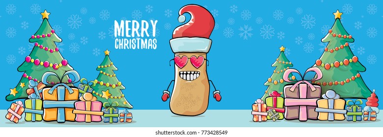 vector funky cartoon smiling santa claus potato with red santa hat and calligraphic christmas text on horizontal blue background with cristmas tree and gift boxes. vegetable funky christmas character
