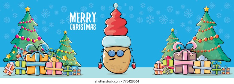 vector funky cartoon smiling santa claus potato with red santa hat and calligraphic christmas text on horizontal blue background with cristmas tree and gift boxes. vegetable funky christmas character