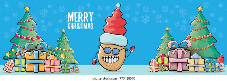 vector funky cartoon smiling santa claus potato with red santa hat and calligraphic christmas text on horizontal blue background with cristmas tree and gift boxes. vegetable funky christmas character