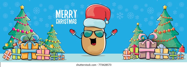 vector funky cartoon smiling santa claus potato with red santa hat and calligraphic christmas text on horizontal blue background with cristmas tree and gift boxes. vegetable funky christmas character
