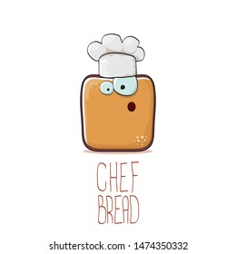 vector funky cartoon smiling toast bread chef character with white chef hat isolated on white background. Bakery or kids cafe funky logo or mascot design template
