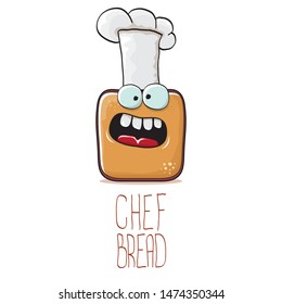 vector funky cartoon smiling toast bread chef character with white chef hat isolated on white background. Bakery or kids cafe funky logo or mascot design template