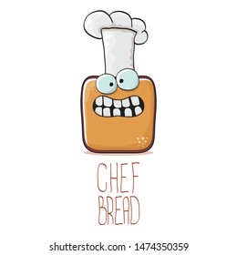vector funky cartoon smiling toast bread chef character with white chef hat isolated on white background. Bakery or kids cafe funky logo or mascot design template