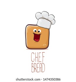 vector funky cartoon smiling toast bread chef character with white chef hat isolated on white background. Bakery or kids cafe funky logo or mascot design template