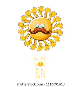 vector funky cartoon summer smiling sun character isolated on white background. My name is sun concept illustration. funky kids summer character with eyes and mouth