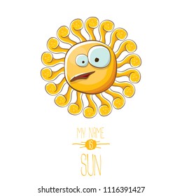 vector funky cartoon summer smiling sun character isolated on white background. My name is sun concept illustration. funky kids summer character with eyes and mouth