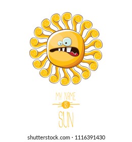 vector funky cartoon summer smiling sun character isolated on white background. My name is sun concept illustration. funky kids summer character with eyes and mouth