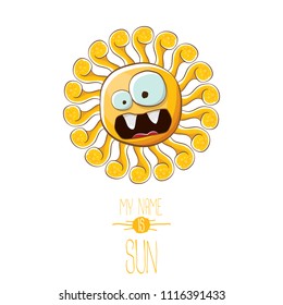 vector funky cartoon summer smiling sun character isolated on white background. My name is sun concept illustration. funky kids summer character with eyes and mouth