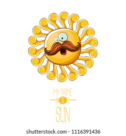 vector funky cartoon summer smiling sun character isolated on white background. My name is sun concept illustration. funky kids summer character with eyes and mouth