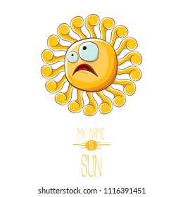 vector funky cartoon summer smiling sun character isolated on white background. My name is sun concept illustration. funky kids summer character with eyes and mouth