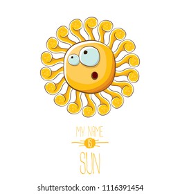 vector funky cartoon summer smiling sun character isolated on white background. My name is sun concept illustration. funky kids summer character with eyes and mouth