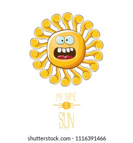 vector funky cartoon summer smiling sun character isolated on white background. My name is sun concept illustration. funky kids summer character with eyes and mouth