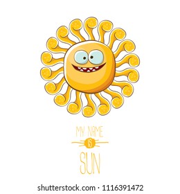 vector funky cartoon summer smiling sun character isolated on white background. My name is sun concept illustration. funky kids summer character with eyes and mouth