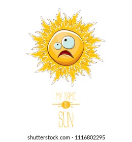vector funky cartoon summer smiling sun character isolated on white background. My name is sun concept illustration. funky kids summer character with eyes and mouth