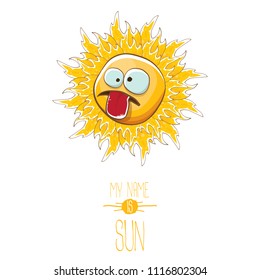 vector funky cartoon summer smiling sun character isolated on white background. My name is sun concept illustration. funky kids summer character with eyes and mouth